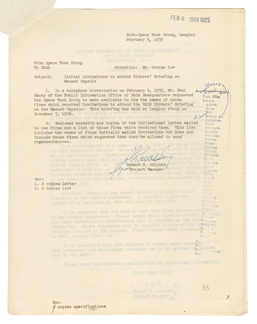 [NASA]. GILRUTH, Robert R. (1913-2000). NASA Solicits Bids ... (1 of 3)