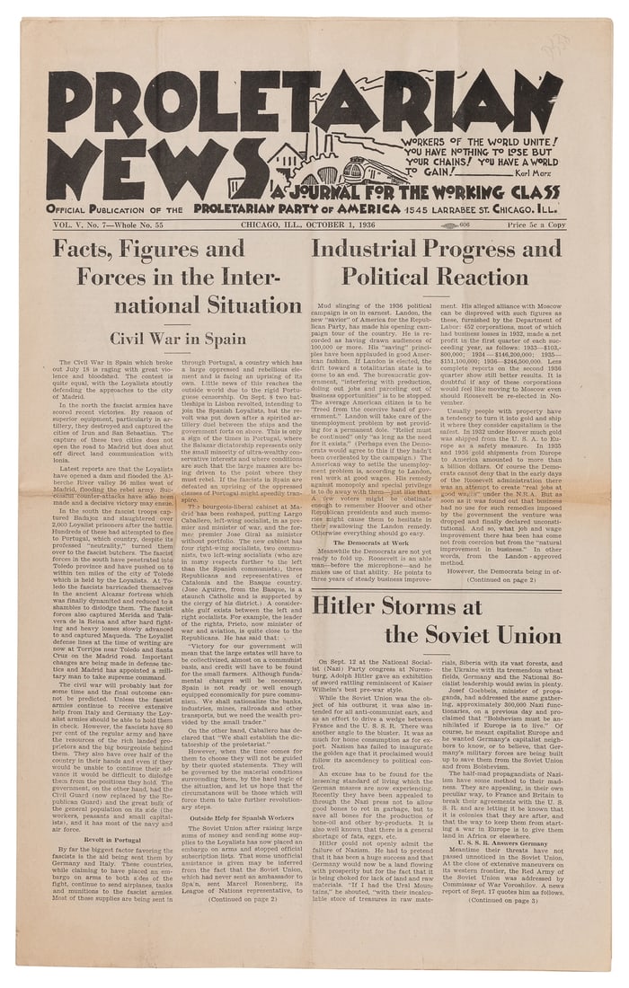 [COMMUNISM]. Proletarian News a Journal of the Working Clas...: [COMMUNISM]. Proletarian News a Journal of the Working Class. Vol. V, Whole No. 55. Chicago: Proletarian Party of America, October 1, 1936. 8 large 4to pages on folding folio leaves. Each page approxi