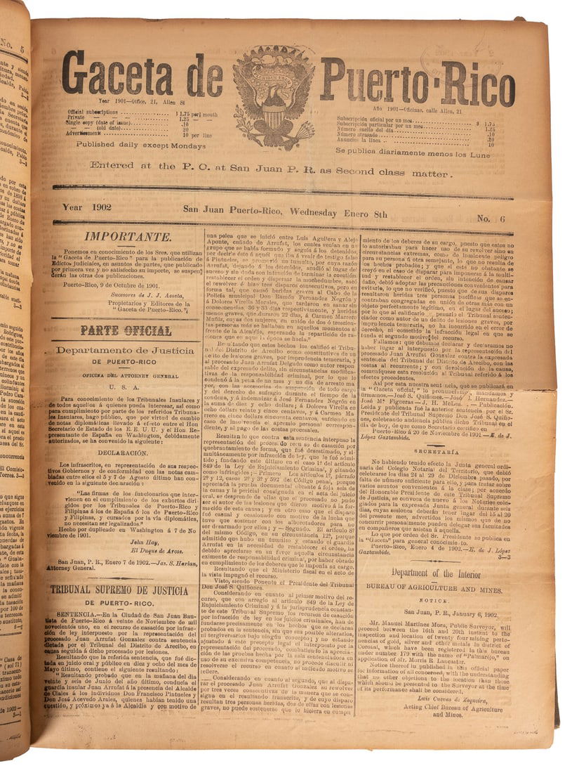 [PUERTO RICO]. Gaecta de Puerto-Rico. San Juan, 1901-02. Ne... (1 of 3)