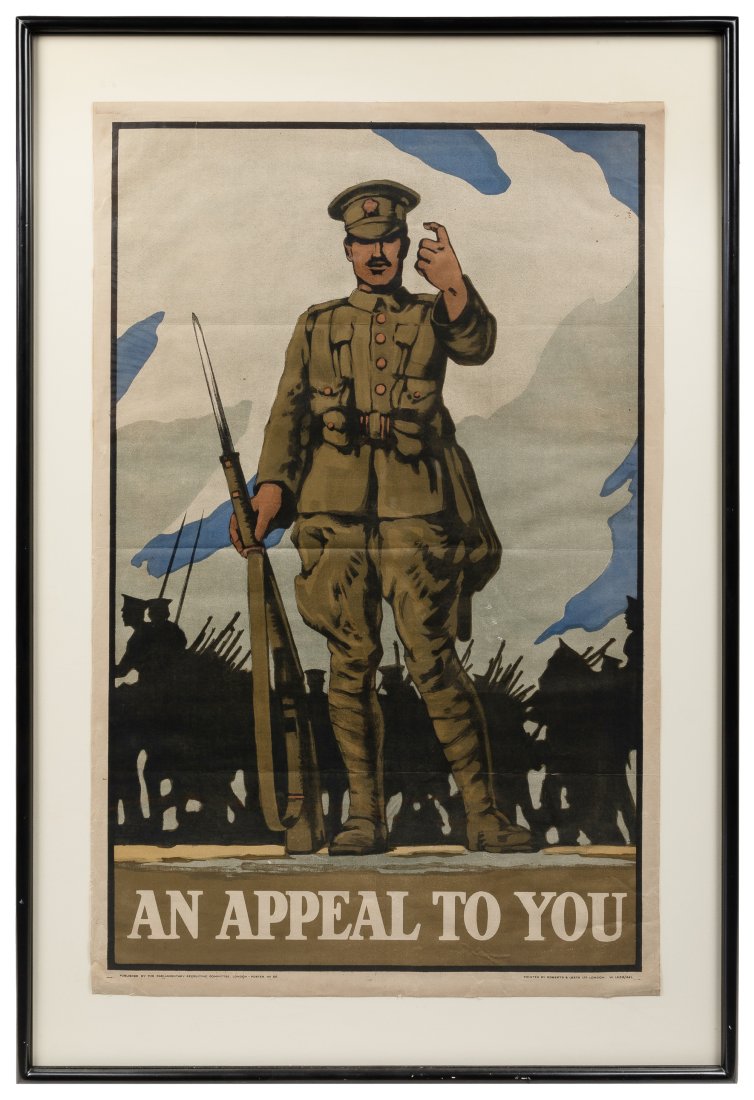 An Appeal to You. 1915. London: Roberts and Leete Ltd. Lith...: An Appeal to You. 1915. London: Roberts and Leete Ltd. Lithograph. Showing a British soldier with a bayonet beckoning toward the viewer. Background with silhouettes of infantrymen and soldiers on hors