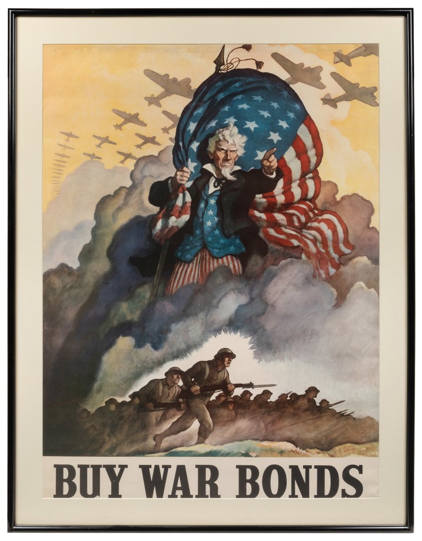 WYETH, N.C. (1882 – 1945). Buy War Bonds. 1942. Washington ...: WYETH, N.C. (1882 – 1945). Buy War Bonds. 1942. Washington D.C.: Government Printing Office. Lithograph. Depicting Uncle Sam with a billowing American flag over his shoulder confidently leading Amer