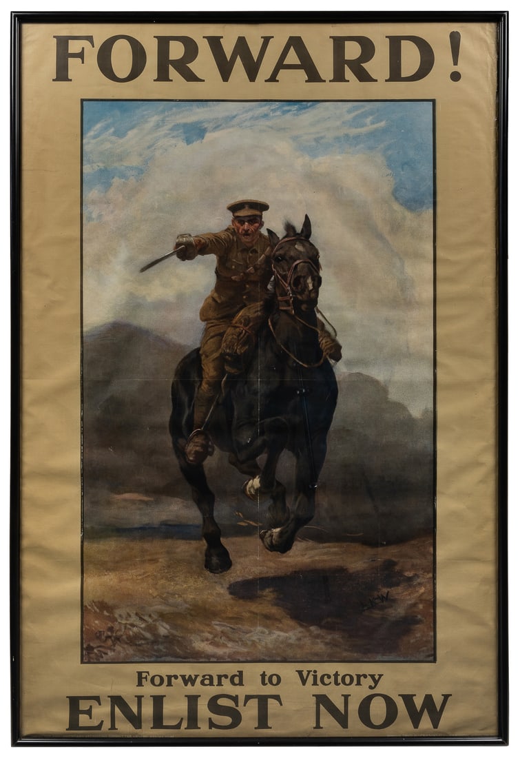 KEMP-WELCH, Lucy (1869 – 1958). FORWARD! 1915. Middlesex: D...: KEMP-WELCH, Lucy (1869 – 1958). FORWARD! 1915. Middlesex: David Alan & Sons. Framed. Sight 59 x 38 ¾”. Edge wear noticeable to top right; original folds. Not examined outside frame. A