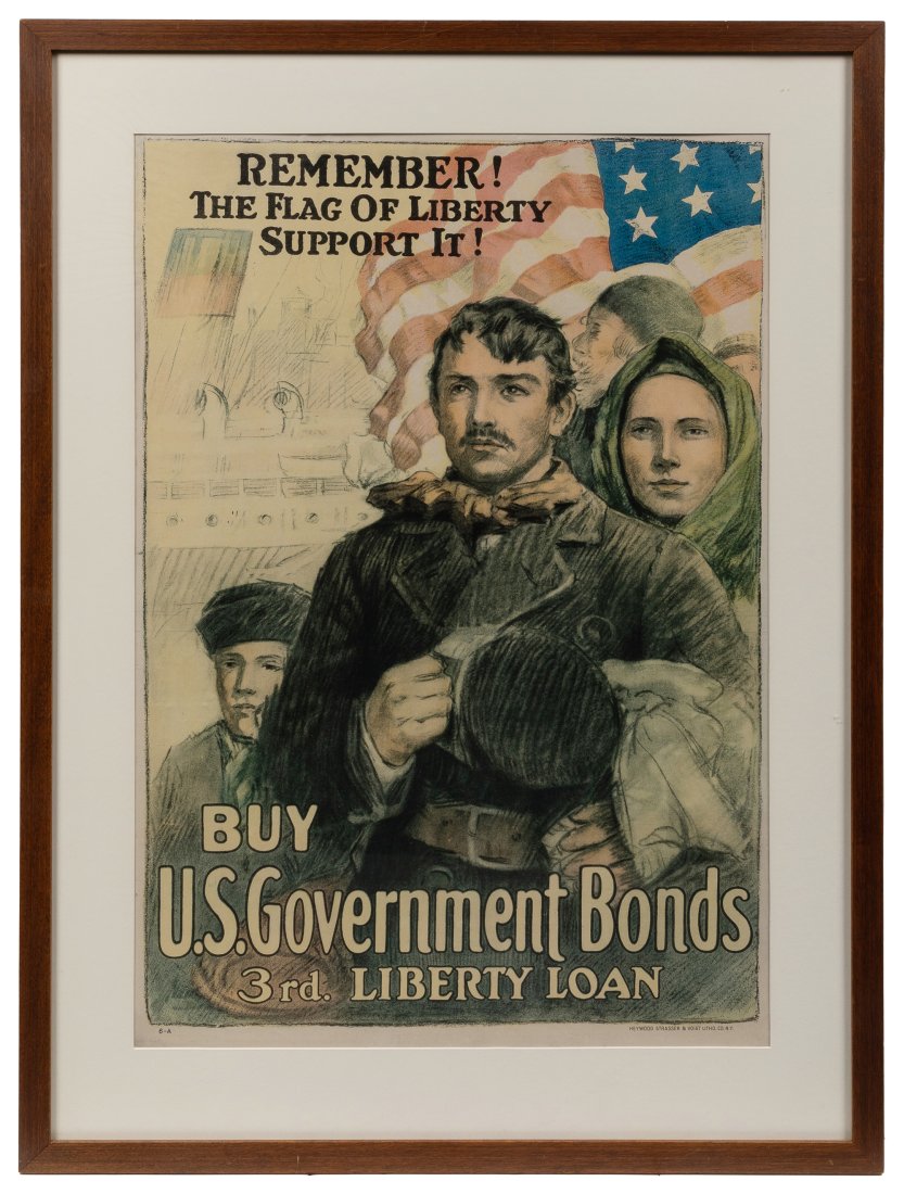 Remember! / The Flag of Liberty / Support It! 1918. New Yor...: Remember! / The Flag of Liberty / Support It! 1918. New York: Heywood Strasser & Voigt Litho. Co. Lithograph. Showing immigrants with an American flag billowing in the background. Framed. Sight 28 &fr