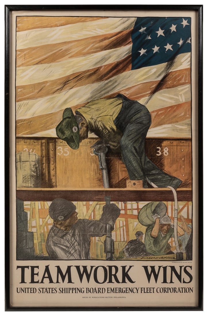 KLINE, Hibberd Van Buren (1885 – 1959). Teamwork Wins. 1917...: KLINE, Hibberd Van Buren (1885 – 1959). Teamwork Wins. 1917. Philadelphia: Thomsen-Ellis Co./United States Shipping Board Emergency Fleet Corporation, Publications Section. Lithograph. Showing c
