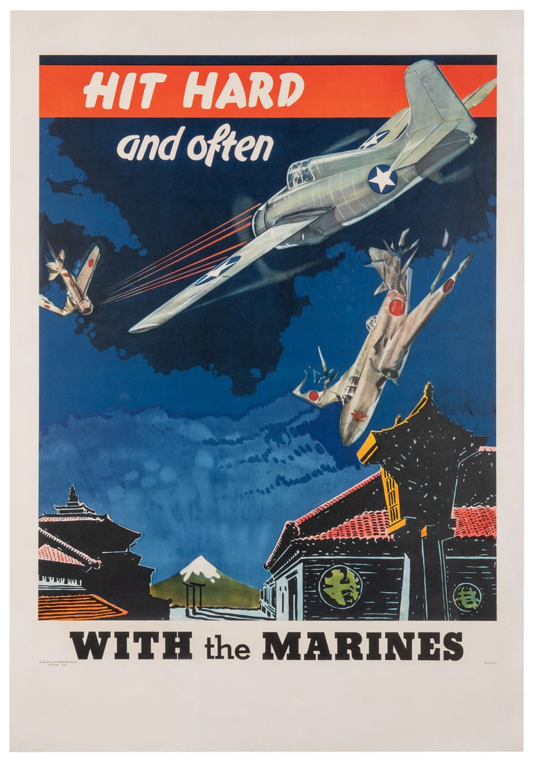 Hit Hard and Often / With the U.S. Marines. 1942. Philadelp...: Hit Hard and Often / With the U.S. Marines. 1942. Philadelphia: McCandlish Litho. 40 x 27 ¾”. Linen backed. Over-painting and repaired tears in lower margin and text; scattered over-paintin
