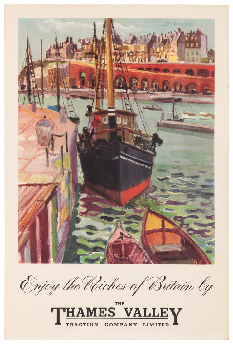 DELMONTE, Koert (1913 – 1982). Enjoy the Riches of Britain ...: DELMONTE, Koert (1913 – 1982). Enjoy the Riches of Britain by the Thames Valley Traction Company. 30 x 20”. Unbacked. Edge wear; few border tears. A-.