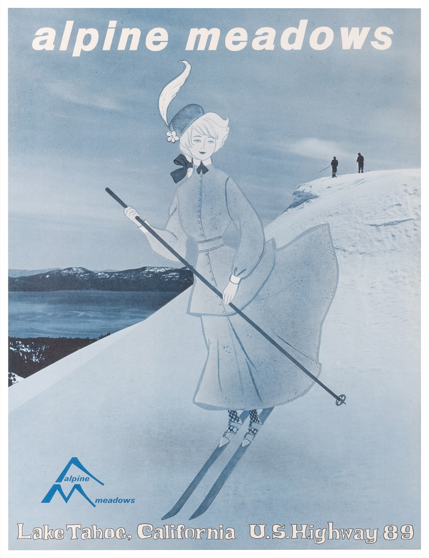 Alpine Meadows / Lake Tahoe, California U.S. Highway 89. Ci...: Alpine Meadows / Lake Tahoe, California U.S. Highway 89. Circa 1950s. Showing a skiing woman on the slopes of the Alpine Meadows ski resort near Lake Tahoe. 24 ¼ x 18 ½”. Linen backed.