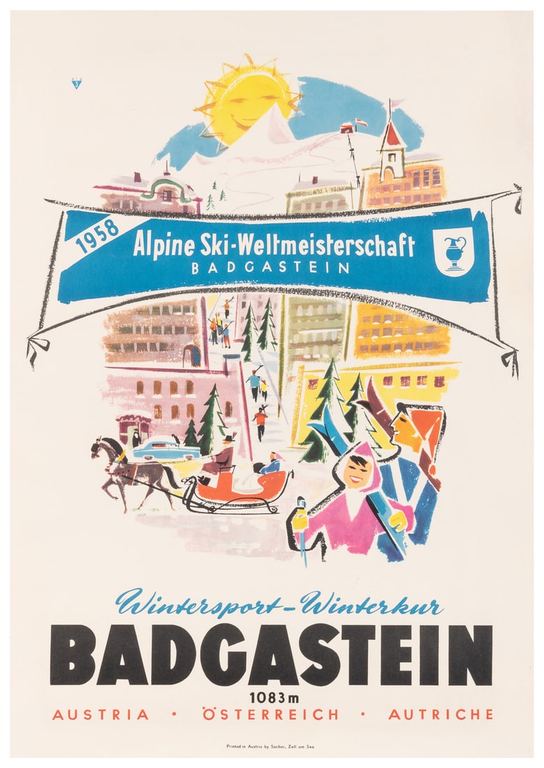 Badgastein. 1958. Austria: Sochor, Zell am See. Austrian tr...: Badgastein. 1958. Austria: Sochor, Zell am See. Austrian travel poster with an illustration of a smiling sun shining down on the ski town of Badgastein. 33 ½ x 23 ½”. Linen backed. Rep