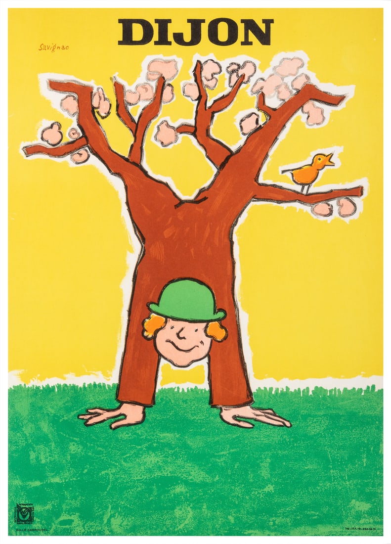 SAVIGNAC, Raymond (1907 – 2002). Dijon. 1978. Champigny: I....: SAVIGNAC, Raymond (1907 – 2002). Dijon. 1978. Champigny: I.P.A. Showing an entertainer doing a handstand with legs of a blossoming tree. Published in conjunction with the 1978 Dijon fair. 20 x 1