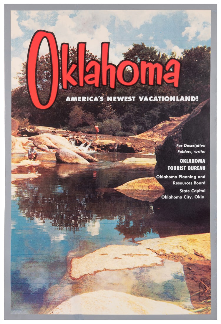 Oklahoma / America’s Newest Vacationland! Circa 1950s. Tour...: Oklahoma / America’s Newest Vacationland! Circa 1950s. Tourism poster with bold Day-Glo lettering and an image reproduced from a photograph showing a father and son fishing on a river Directs tr