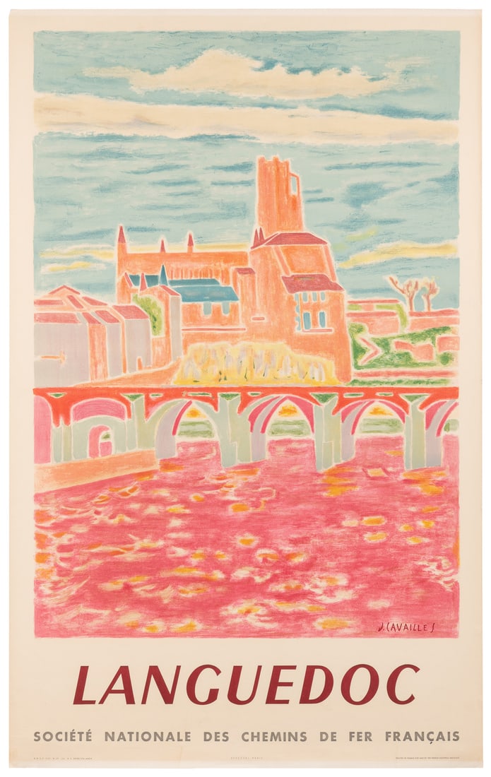 CAVAILLES, Jules (1901 – 1977). Languedoc / Societe Nationa...: CAVAILLES, Jules (1901 – 1977). Languedoc / Societe Nationale des Chemins de Fer Francais. 1955. France: French National Railways. Shows the Pont Vieux and cathedral in Albi. 39 ½ x 24 