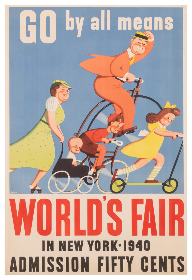 EKMAN, Stanley (1913 – 1998). Go by all Means / World’s Fai...: EKMAN, Stanley (1913 – 1998). Go by all Means / World’s Fair / In New York. 1940. New York City: Polygraphic Company of America, Inc. Showing a family racing toward the fair on bicycles, a