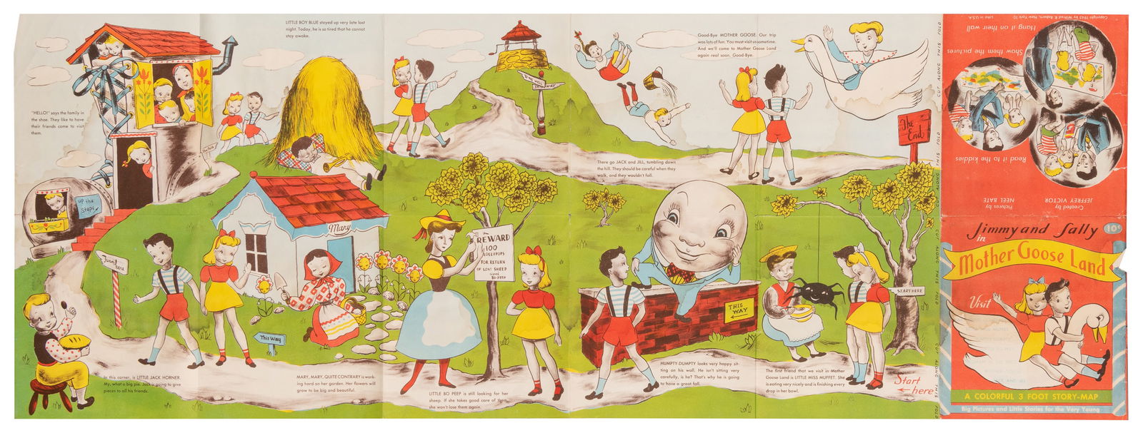 BATE, Neel (1916 – 1989). Jimmy and Sally in Mother Goose L...: BATE, Neel (1916 – 1989). Jimmy and Sally in Mother Goose Land. 1945. New York: Wilfred R. Roberts. Lithograph. Fantastical pictorial map with Jimmy and Sally meeting nursery rhyme characters th