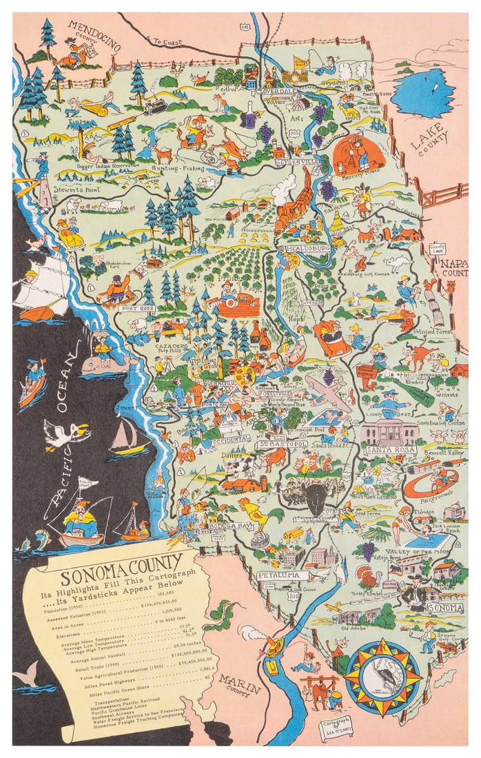 McCARTY, Lea (1905 – 1960). Sonoma County / Its Highlights ...: McCARTY, Lea (1905 – 1960). Sonoma County / Its Highlights Fill this Cartograph / Its Yardsticks Appear Below. 1951. An expansive pictorial map showing the county’s history and present day