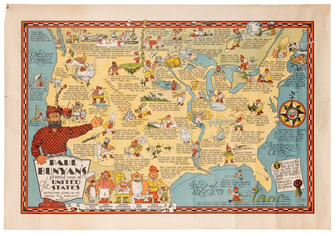 HANDY, R.D. (1879 – 1959). Paul Bunyan’s Pictorial Map of t...: HANDY, R.D. (1879 – 1959). Paul Bunyan’s Pictorial Map of the United States Depicting Some of his Deeds and Exploits. 1935. Duluth: R.D. Handy. 22 x 32”. Comical pictorial map of the