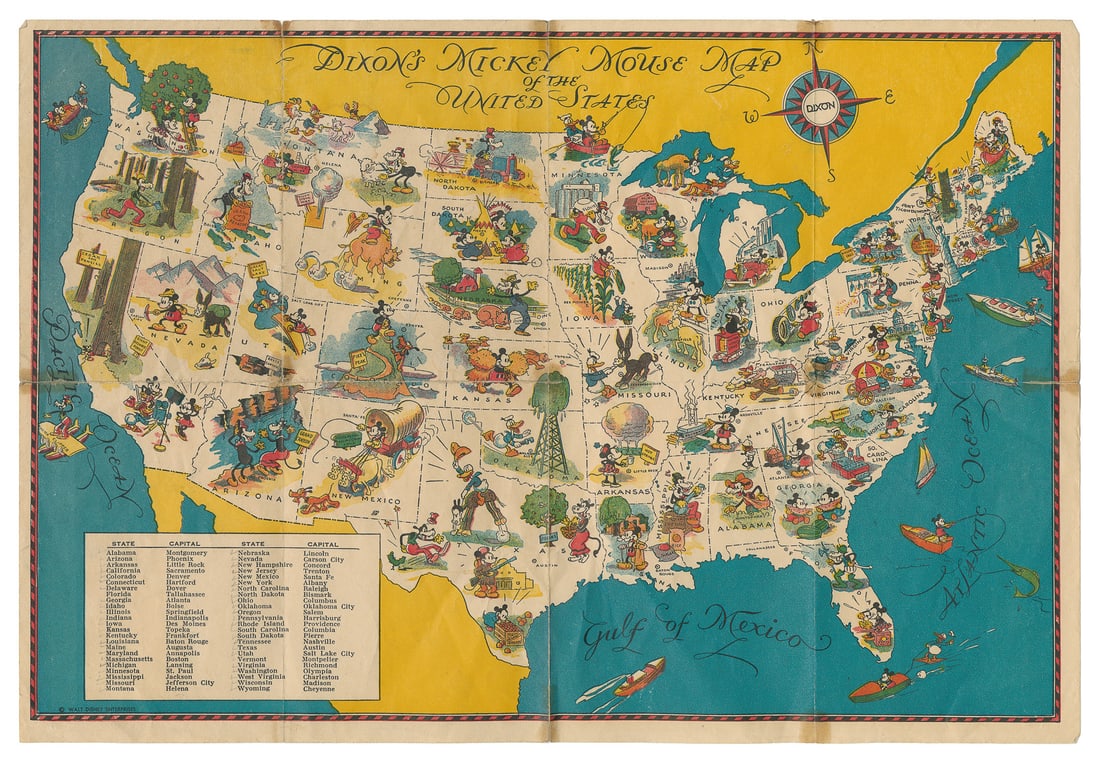 Dixon’s Mickey Mouse of the United States. Circa 1930s. Pic...: Dixon’s Mickey Mouse of the United States. Circa 1930s. Picturing Mickey Mouse, Minnie Mouse, Donald Duck, and Goofy in the forty-eight states mostly farming local crops and exploring tourist at