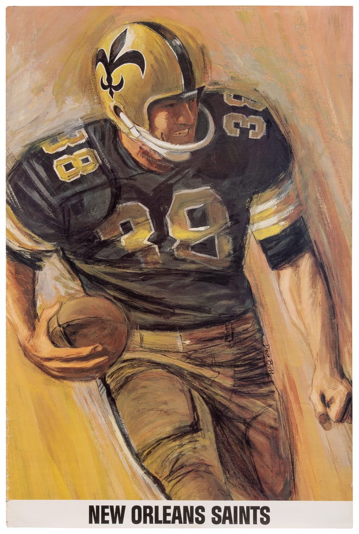 BOSS, Dave (1932 – 1999). New Orleans Saints. Circa 1965. 3...: BOSS, Dave (1932 – 1999). New Orleans Saints. Circa 1965. 36 x 24”. Unbacked. Scattered creasing and short tears at edges. B+.