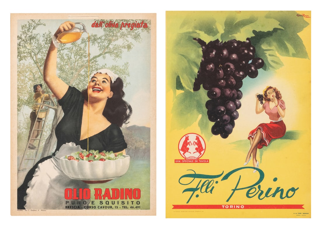[ITALIAN]. Two vintage food posters. Circa 1950s. Two vinta...: [ITALIAN]. Two vintage food posters. Circa 1950s. Two vintage Italian food display posters. Including: Olio Radino / Puro e Squisito. Milano: Fiorin, ca. 1950s. – F.lli Perino / Torino. Massa Lo