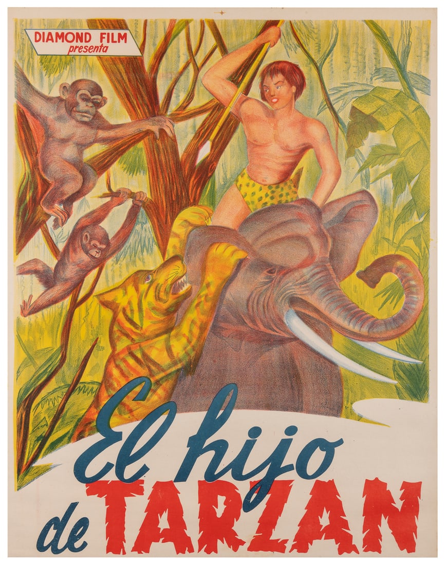 El Hijo de Tarzan (The Son of Tarzan). Diamond Film, ca. 19...: El Hijo de Tarzan (The Son of Tarzan). Diamond Film, ca. 1950s. Spanish film poster for The Son of Tarzan starring Eugene Burns, Johny Colloug, and Mae Comont. 36 ½ x 28 ½”. Linen back