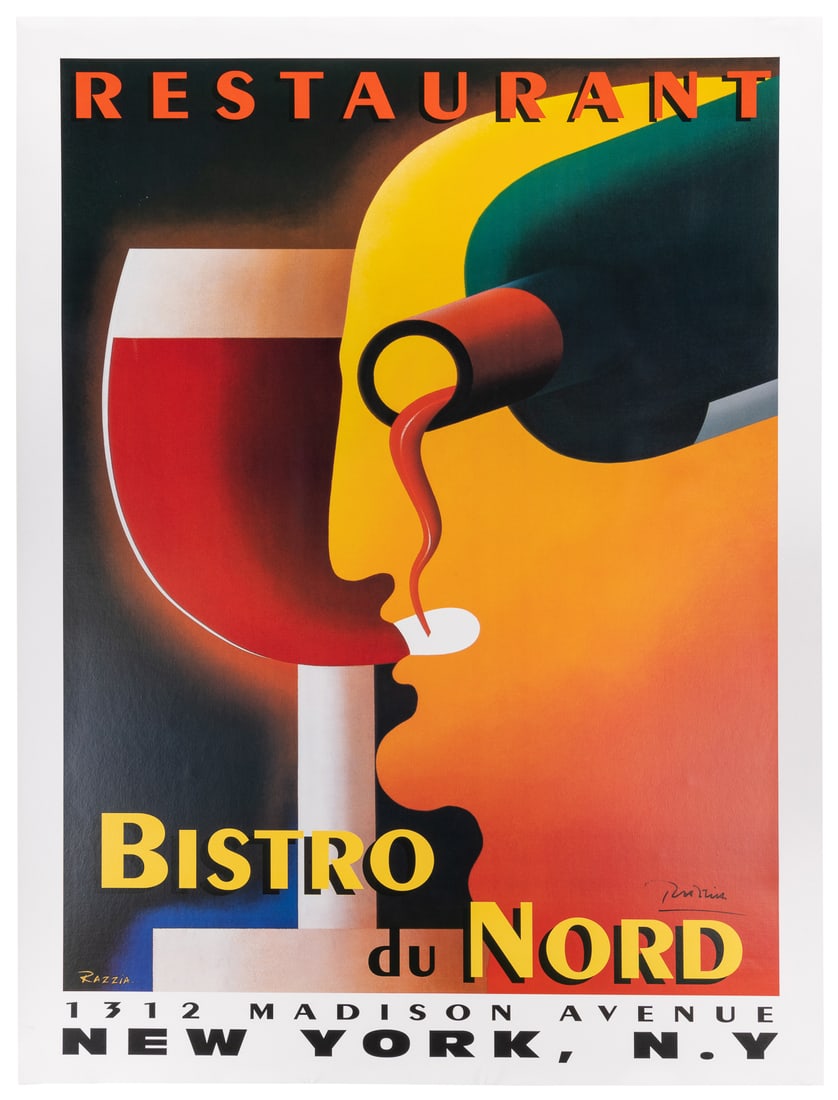 RAZZIA (1950 – ). Bistro du Nord [Signed]. 1990. France. Wi...: RAZZIA (1950 – ). Bistro du Nord [Signed]. 1990. France. Wine bottle pouring into the mouth of a profile. Razzia is known for creating contemporary poster imagery with traditional art techniques