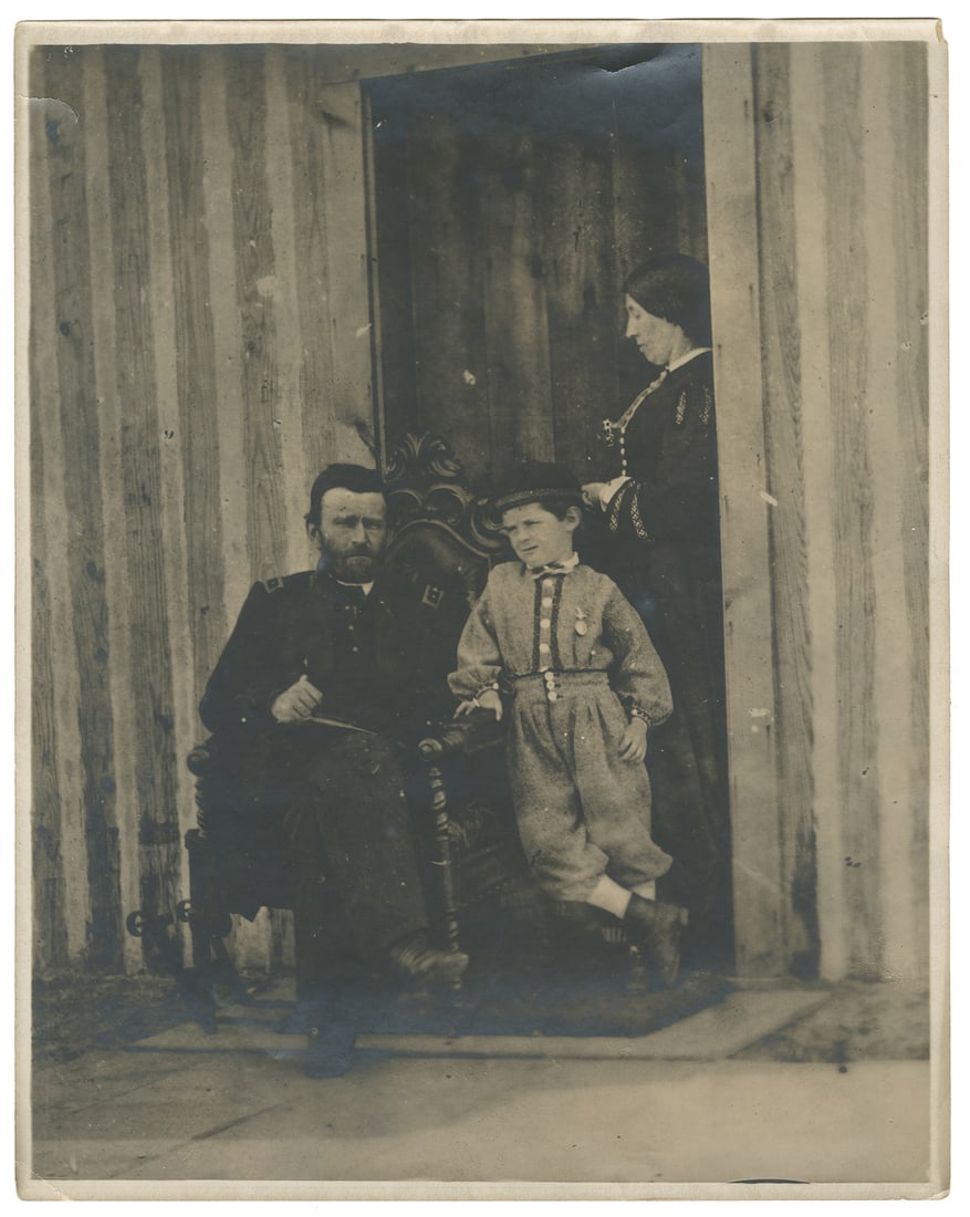 [GRANT, Ulysses S. (1822-1885), subject]. Silver Gelatin Pr...: [GRANT, Ulysses S. (1822-1885), subject]. Silver Gelatin Print of General Grant with His Wife and Son, Jesse at City Point, VA, 1864. [N.p., 1864, though actually early 20th century]. Later silver gel