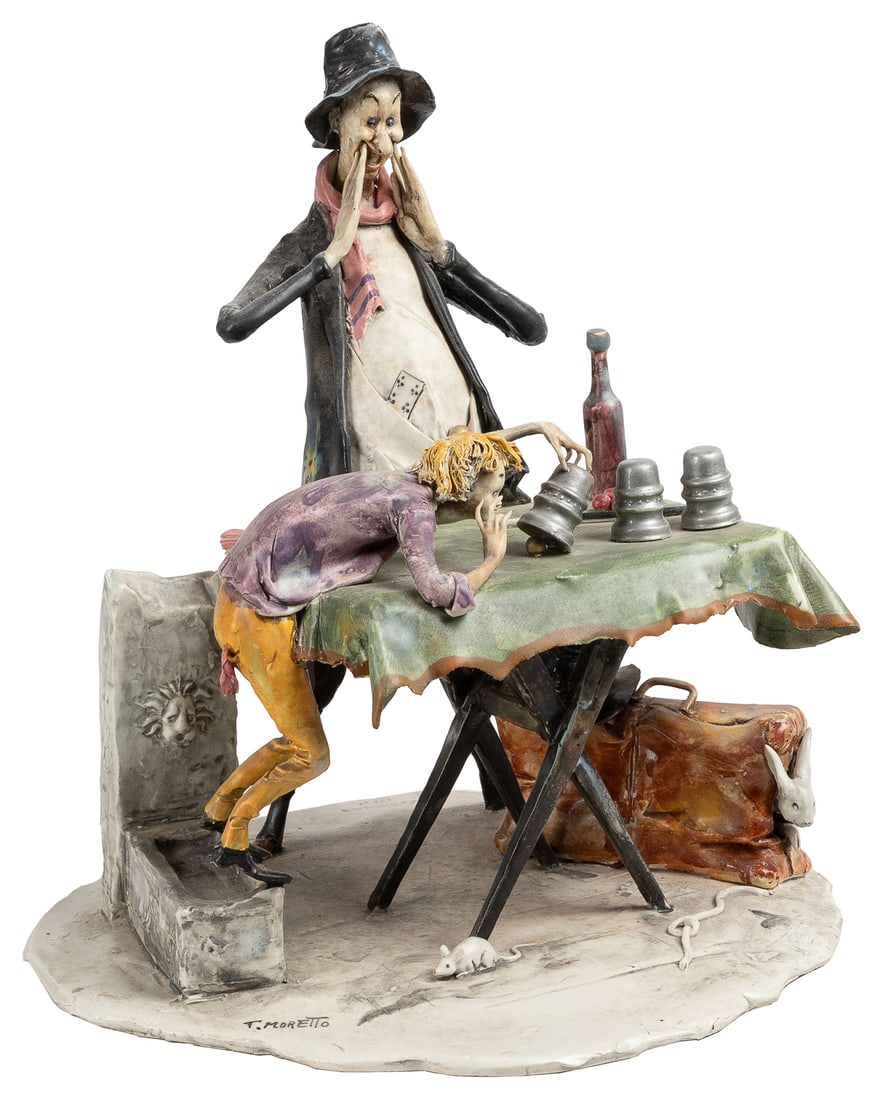 MORETTO, Toni (Italian, 1929-2011). Large Cups and Balls Magician.: MORETTO, Toni (Italian, 1929-2011). Large Cups and Balls Magician. Italy: Lo Scricciolo, ca. 1982. A young boy lifts a metal cup from the table before the magician to reveal a small ball underneath. T