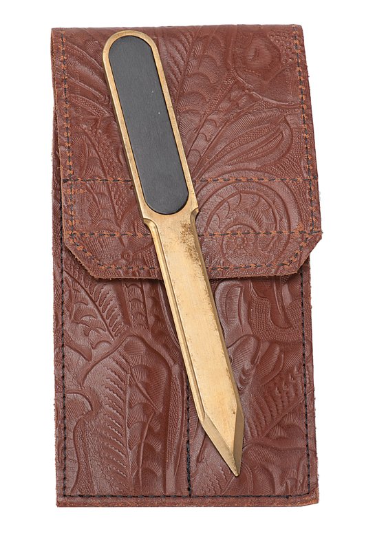 Billet Knife. California, Porper Originals, ca. 2002: Billet Knife. California, Porper Originals, ca. 2002. A brass letter opener that allows the mind reader to produce spot-on predictions from sealed envelopes. Two openers, case, and original instructio