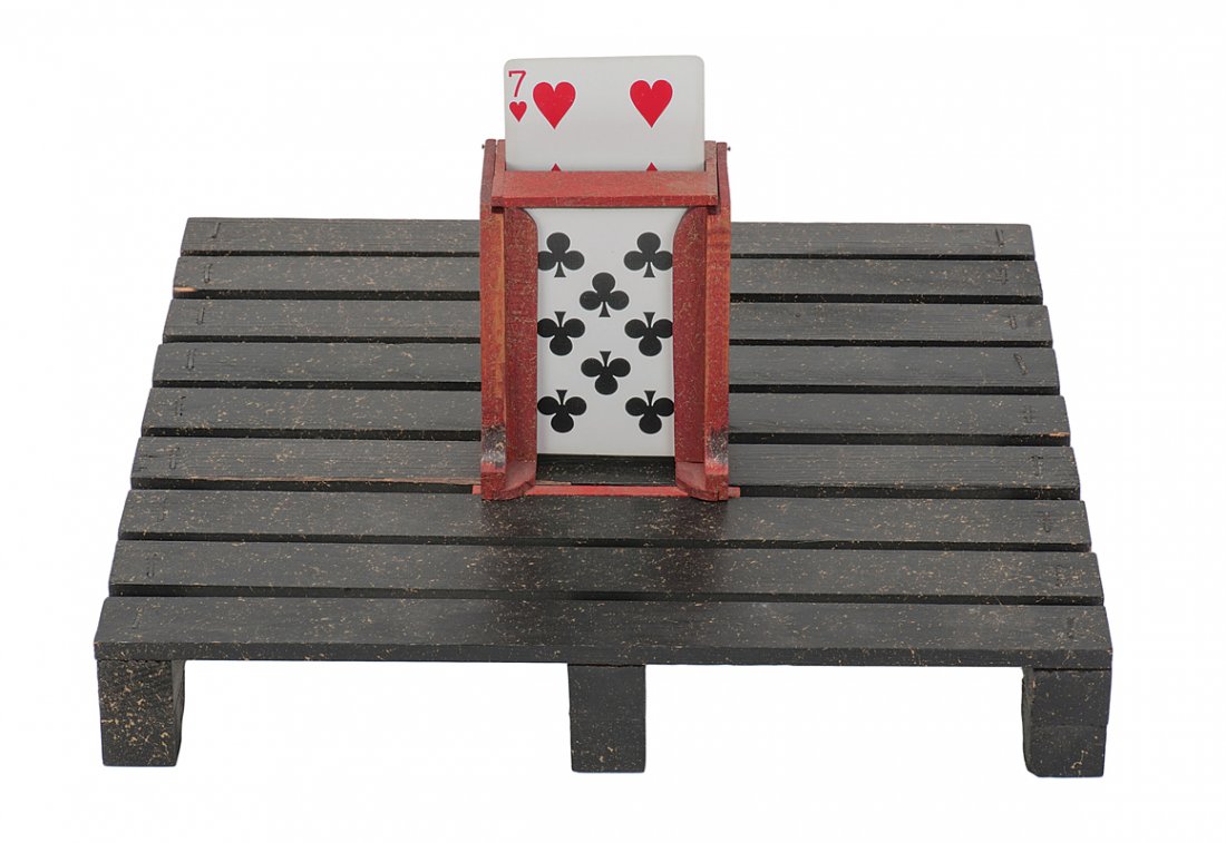 Val Evans Card Rise. Missouri, O’Dowd, ca. 1980.: Val Evans Card Rise. Missouri, O’Dowd, ca. 1980. Selected cards rise from the wooden houlette, even though it is placed on a cloth-covered tray. No thread used, and all items can be examined after t