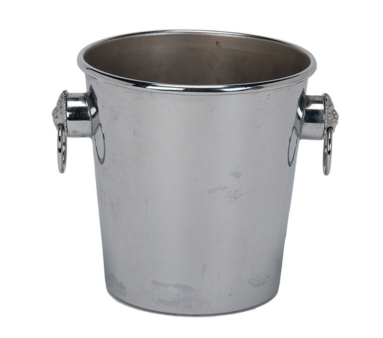 Coin Pail. Azusa, Owen Magic Supreme, ca. 1990.: Coin Pail. Azusa, Owen Magic Supreme, ca. 1990. Metal pail innocent in appearance, but secretly facilitates the production of silver coins from the air. Made for half dollars. Hallmarked three times.