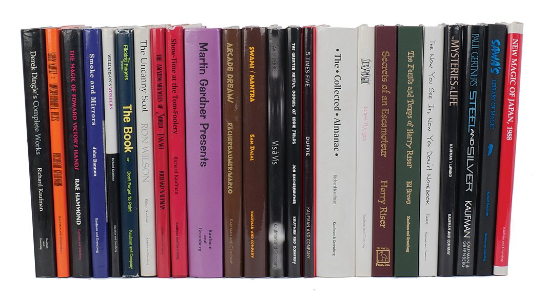 24 Kaufman & Greenberg Magic Books: [Kaufman & Greenberg] Group of 24 Kaufman & Greenberg magic books. Including The Complete Works of Derek Dingle by Richard Kaufman (1982), Unexplainable Acts by Richard Kaufman (1990), Show Time at th