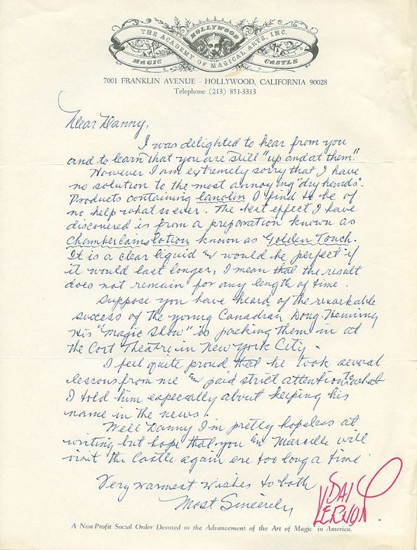 ALS from Dai Vernon to Danny Day re: Doug Henning: Vernon, Dai. One-page ALS from Dai Vernon to Danny Ray. Vernon writes, in part, “Suppose you have hard of the remarkable success of the young Canadian Doug Henning. His “Magic Show” is packing t