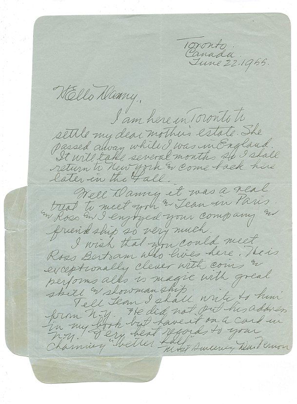 Two Holographic letters from Dai Vernon to D. Ray: Vernon, Dai. Two ALSs from Dai Vernon to Danny Ray. One an aerogramme written on June 22, 1955, in which Vernon mentions being in Toronto to settle his mother’s estate; the second undated and on Mag