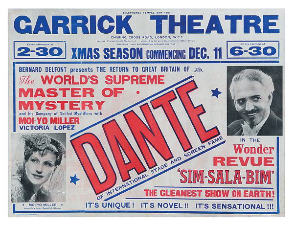 Dante poster. The World’s Supreme Master of Myster: Dante (Harry August Jansen). The World’s Supreme Master of Mystery. Dante. London, Echo Printing, ca. 1935. Horizontal one-sheet (39 ½ x 29”) three-color poster advertising the great magician’s