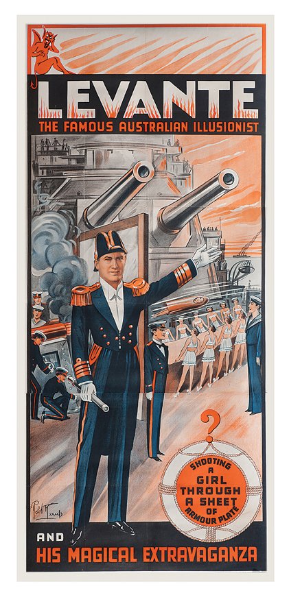 Levante. The Famous Australian Illusionist poster.: Levante, Les (Leslie Cole). Levante. The Famous Australian Illusionist. London, Jordison & Co., ca. 1935. Three-sheet (40 x 76 ½”) color lithograph poster with a nautical theme, advertising Levante