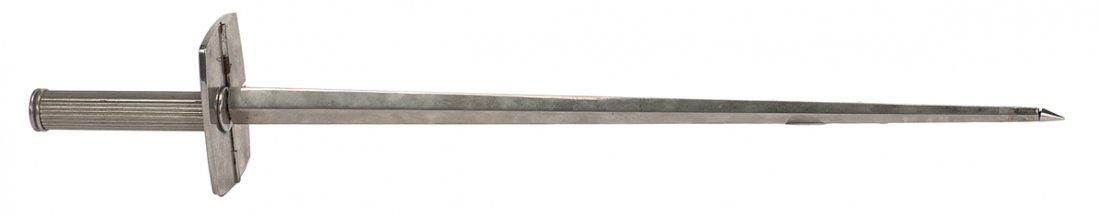 Card Sword. European [?], ca. 1925.: Card Sword. European [?], ca. 1925. A selected card is speared on the end of this sword as the pack is thrown in the air. More sophisticated in design than later models, with intricate handle and gimm