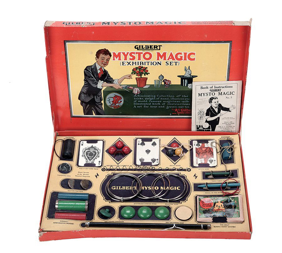 Mysto Magic Set No. 3. New Haven, A.C. Gilbert Co.: Mysto Magic Set No. 3. New Haven, A.C. Gilbert Co., ca. 1933. Set includes Buddha papers, billiard balls, wand, Galloping Dime, and more. With instruction book. Box shows chipping and wear at corners.
