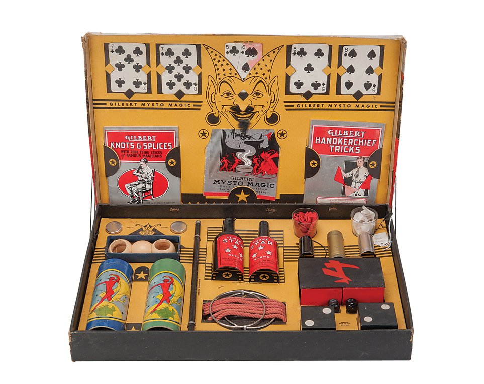 Mysto Magic Set No. 5. New Haven, A.C. Gilbert Co.: Mysto Magic Set No. 5. New Haven, A.C. Gilbert Co., ca. 1938. Large Mysto set includes metal Die Box, Passe Passe Bottles, wooden handkerchief balls, and more. Complete with poster and instruction boo