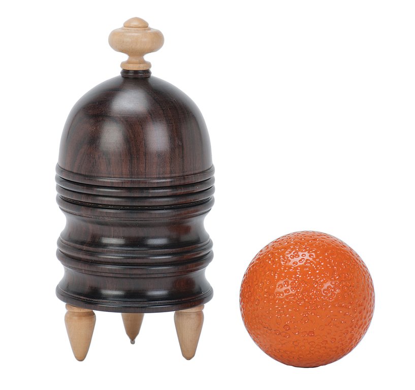 Orange Vase. Lincolnshire, Five of Hearts.: Orange Vase. Lincolnshire, Five of Hearts, ca. 2009. A faux orange vanishes from and appears inside a small wooden vase, or transposes locations with a handkerchief. Effect originated by Harlan Tarbel