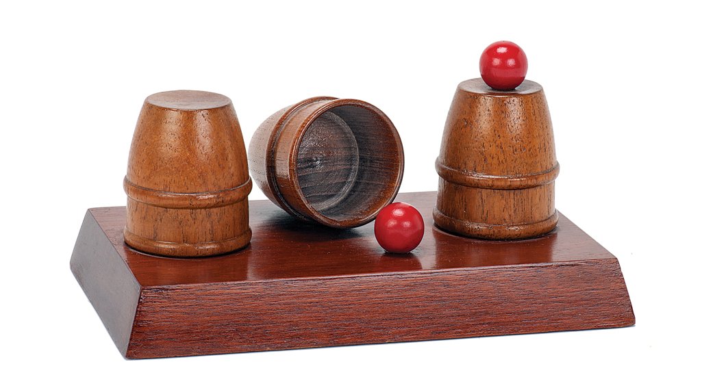 Cups and Balls sculpture. Frank Preston ca. 1985: Cups and Balls sculpture. West Sussex, Frank Preston, ca. 1985. Carved wooden cups and balls on a hardwood platform. Base 7 ½ x 5 ¾”. Very good.