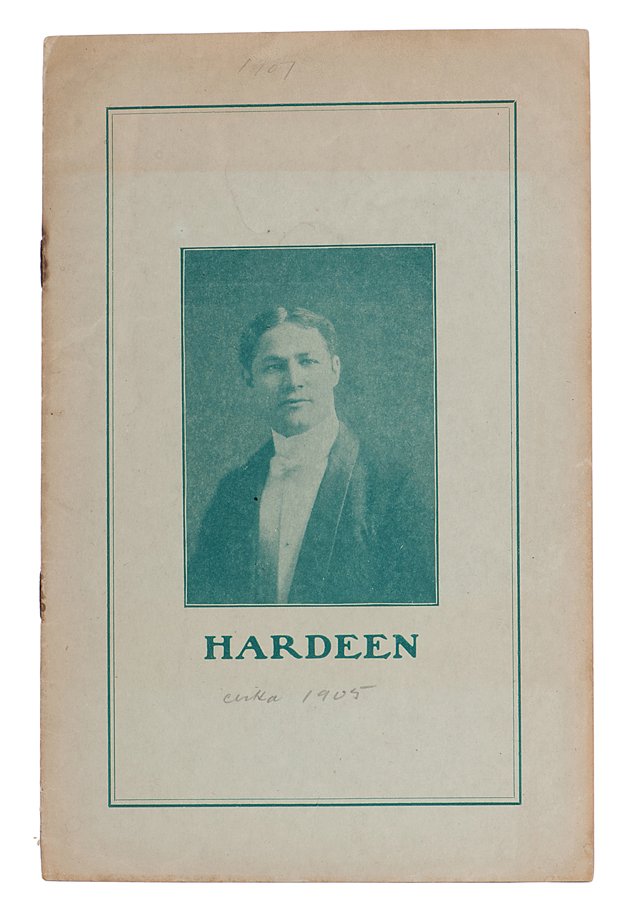 Hardeen (Theodore Weiss). [New York], ca. 1907: Hardeen (Theodore Weiss). Hardeen. [New York], ca. 1907. Pale green pictorial wraps. Frontispiece of a shackled Hardeen. Illustrated with photographs. Light wear at extremities and staples rusted; goo