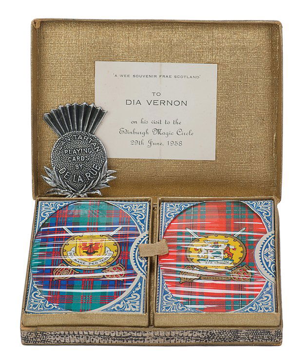 Souvenir cards given to Dai Vernon. 1952.: Vernon, Dai. Souvenir cards given to Dai Vernon. Two packs of cards with tartan back designs by De La Rue, given to Vernon on his visit to the Edinburgh Magic Circle in June, 1952. In original gift bo