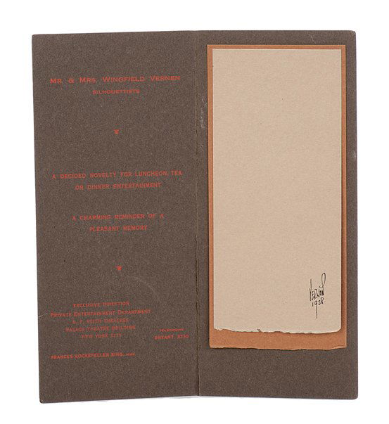 Dai Vernon silhouette presentation folder NY 1928: Vernon, Dai. Dai Vernon silhouette presentation folder. New York, 1928. Handsome presentation folder for silhouettes cut by “Mr. & Mrs. Winfield Vernen” during their tenure as popular “silhouett