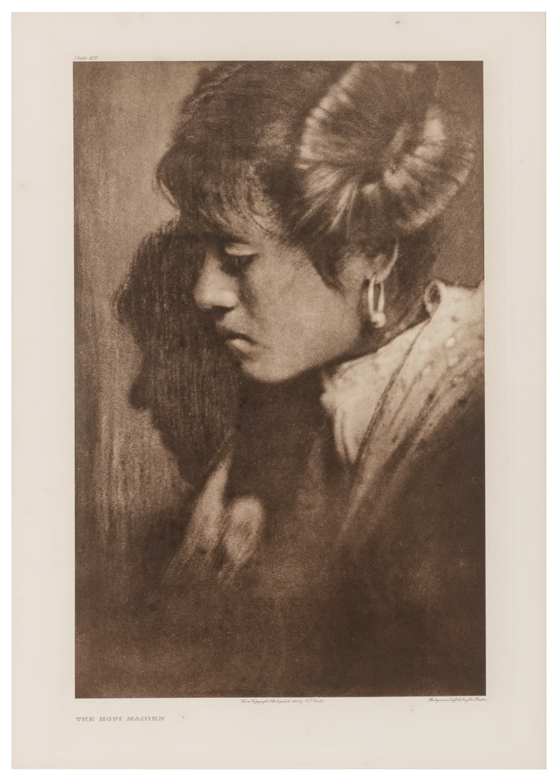 CURTIS, Edward Sheriff (American, 1868-1952). The Hopi Maid...: CURTIS, Edward Sheriff (American, 1868-1952). The Hopi Maiden. [Mid-late twentieth century]. Restrike of Curtis’ 1905 photogravure on engraving stock. Image appeared as Plate 412 in Curtis’