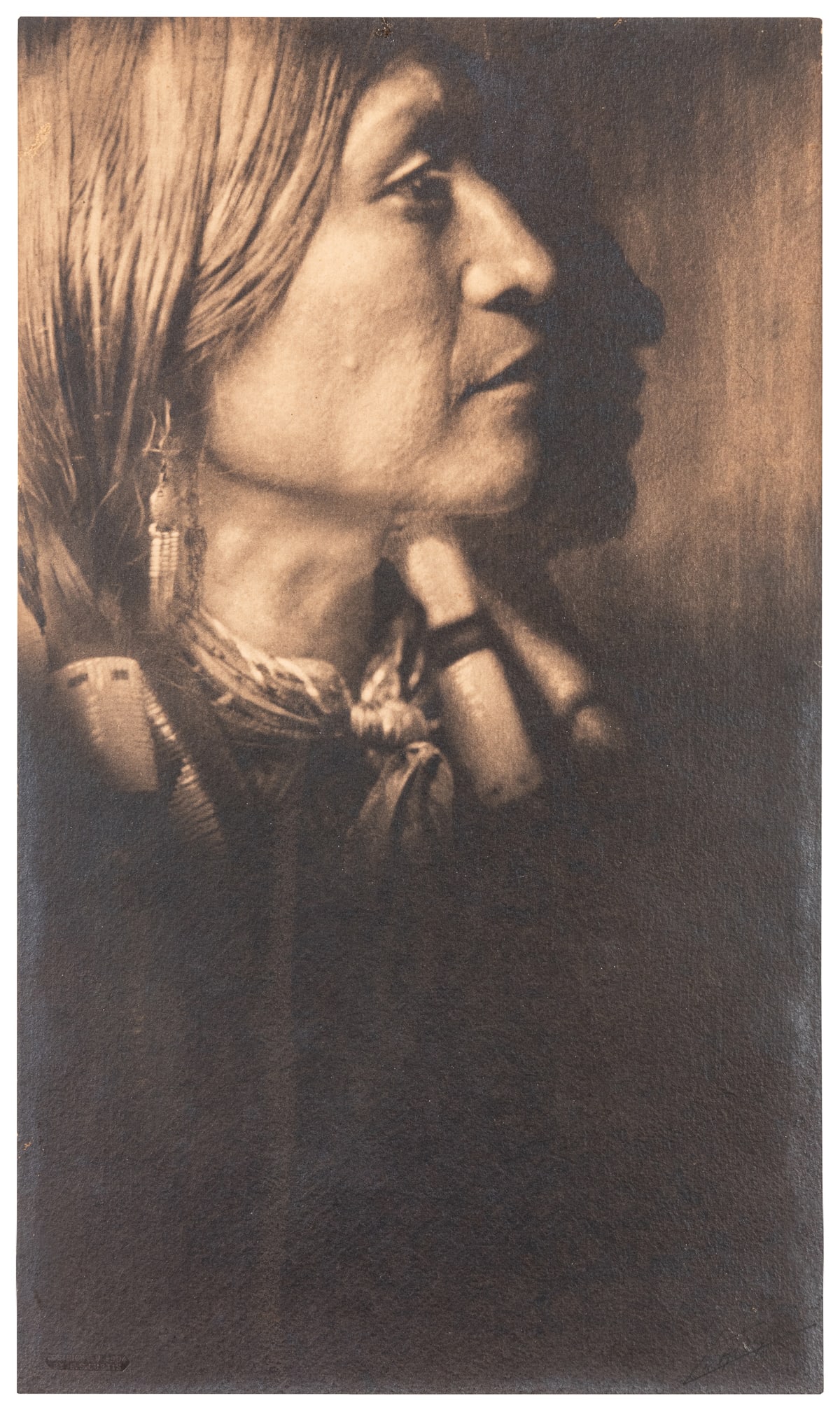CURTIS, Edward Sheriff (American, 1868-1952). Vash Gon - Ji...: CURTIS, Edward Sheriff (American, 1868-1952). Vash Gon - Jicarilla. 1904. Platinum print. Signed lower right. Blindstamp copyrighted 1904 E.S. Curtis. Image appeared as Plate 20 in Portfolio 1, “
