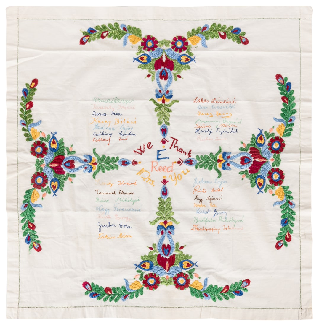 [FOLK ART] (American, 20th Century). Thank You Embroidery w...: [FOLK ART] (American, 20th Century). Thank You Embroidery with Embroidered Signatures. Embroidery thread on cotton. 27 ½ x 27 ½. One small hole with other minor scuffs and light marks. Good 
