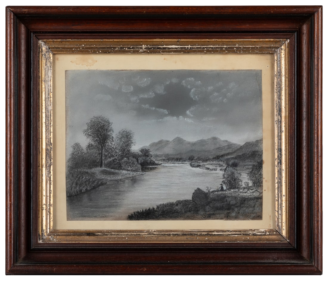 [FOLK ART]. Untitled. (Fishing Scene Grisaille). Circa 1860... (1 of 1)