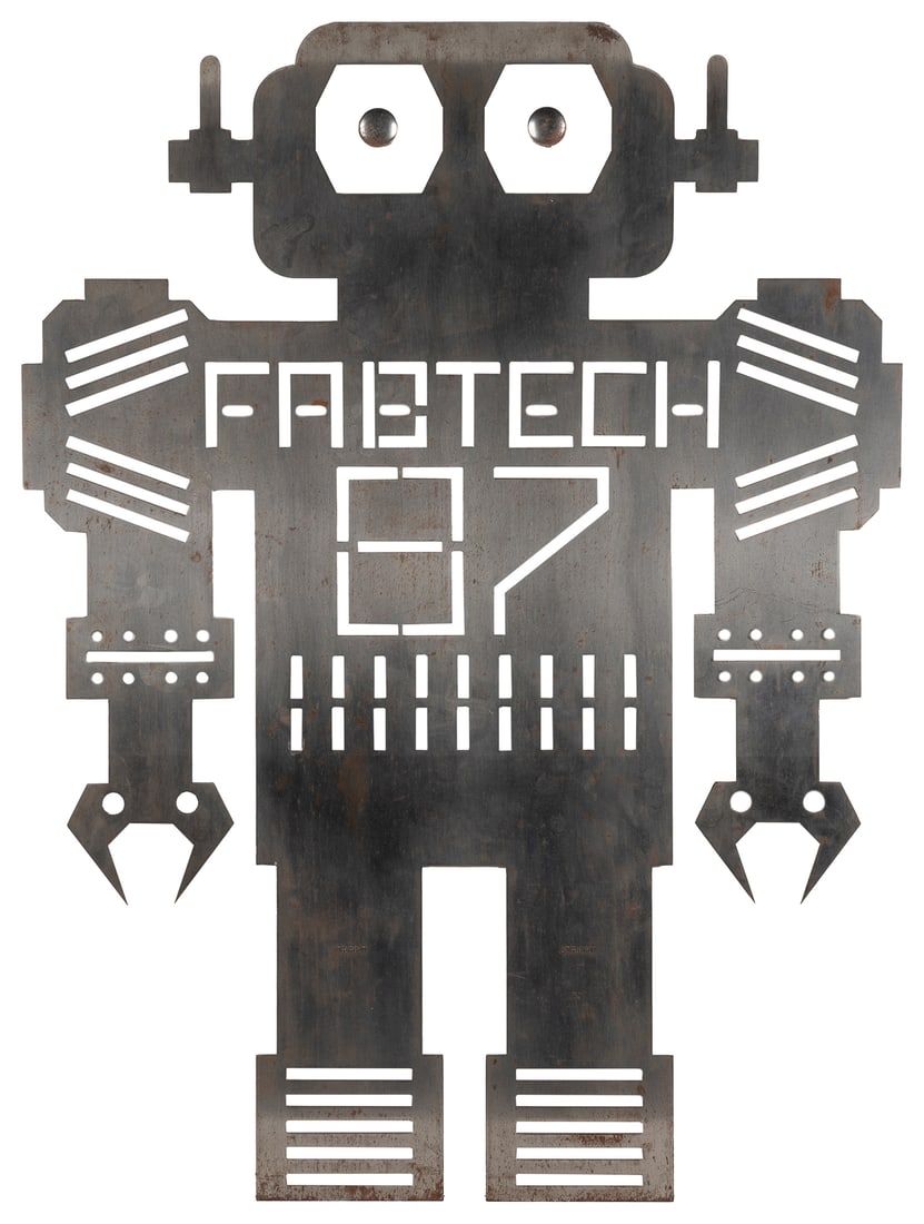 [SIGNAGE] (American, 20th Century). Metal Fabricating Displ...: [SIGNAGE] (American, 20th Century). Metal Fabricating Display Robot. Band saw cut flat display robot with FABTECH logo, a local manufacturer. 28 x 21. Some oxidation and some caulk adhesive residue ve