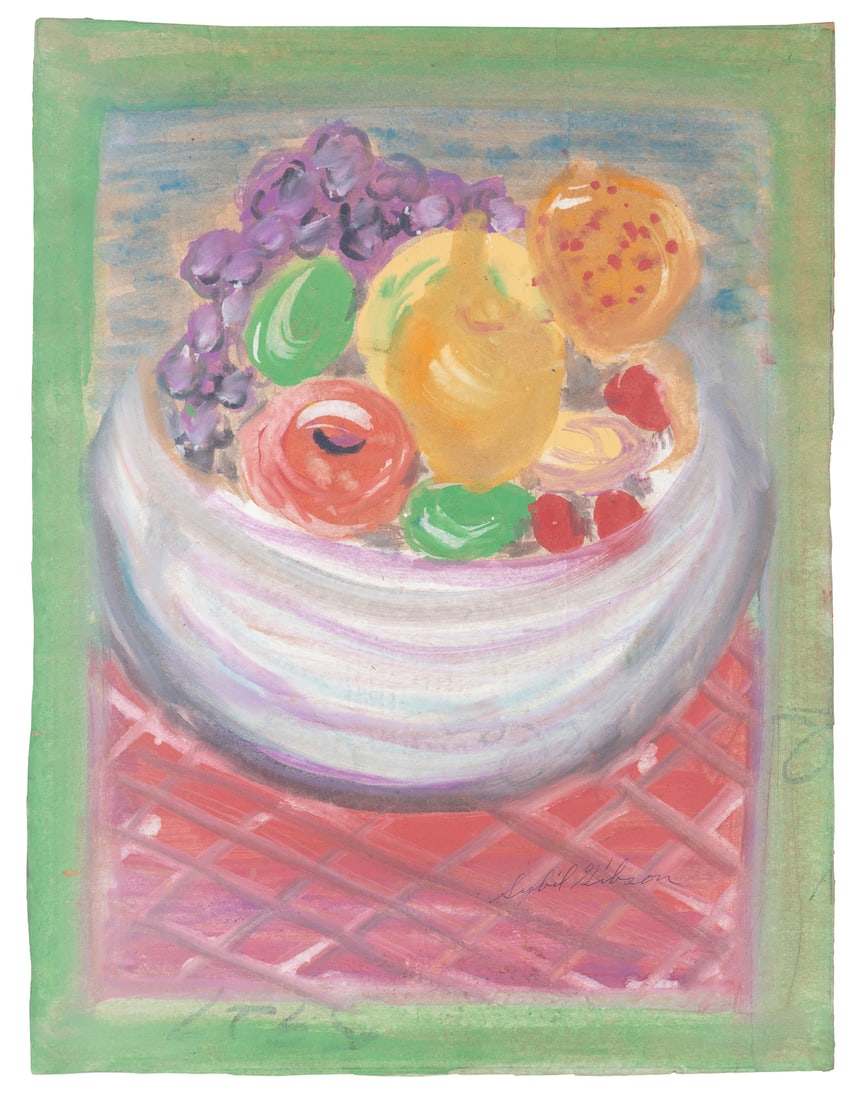 GIBSON, Sybil (American, 1908-1995). Untitled. Still Life w...: GIBSON, Sybil (American, 1908-1995). Untitled. Still Life with Grapes, Limes, and an Apple. Circa 1970s-1990s. Tempera on thin cardboard. Signed lower right corner. 24 x 18”. Unframed. The usual
