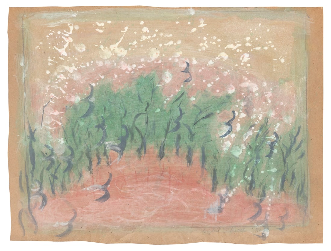 GIBSON, Sybil (American, 1908-1995). “SnowFlakes in Spring....: GIBSON, Sybil (American, 1908-1995). “SnowFlakes in Spring.” 1984. Tempera on thin cardboard. Signed and dated lower right corner. Handwritten title on verso. In addition, Gibson has writt