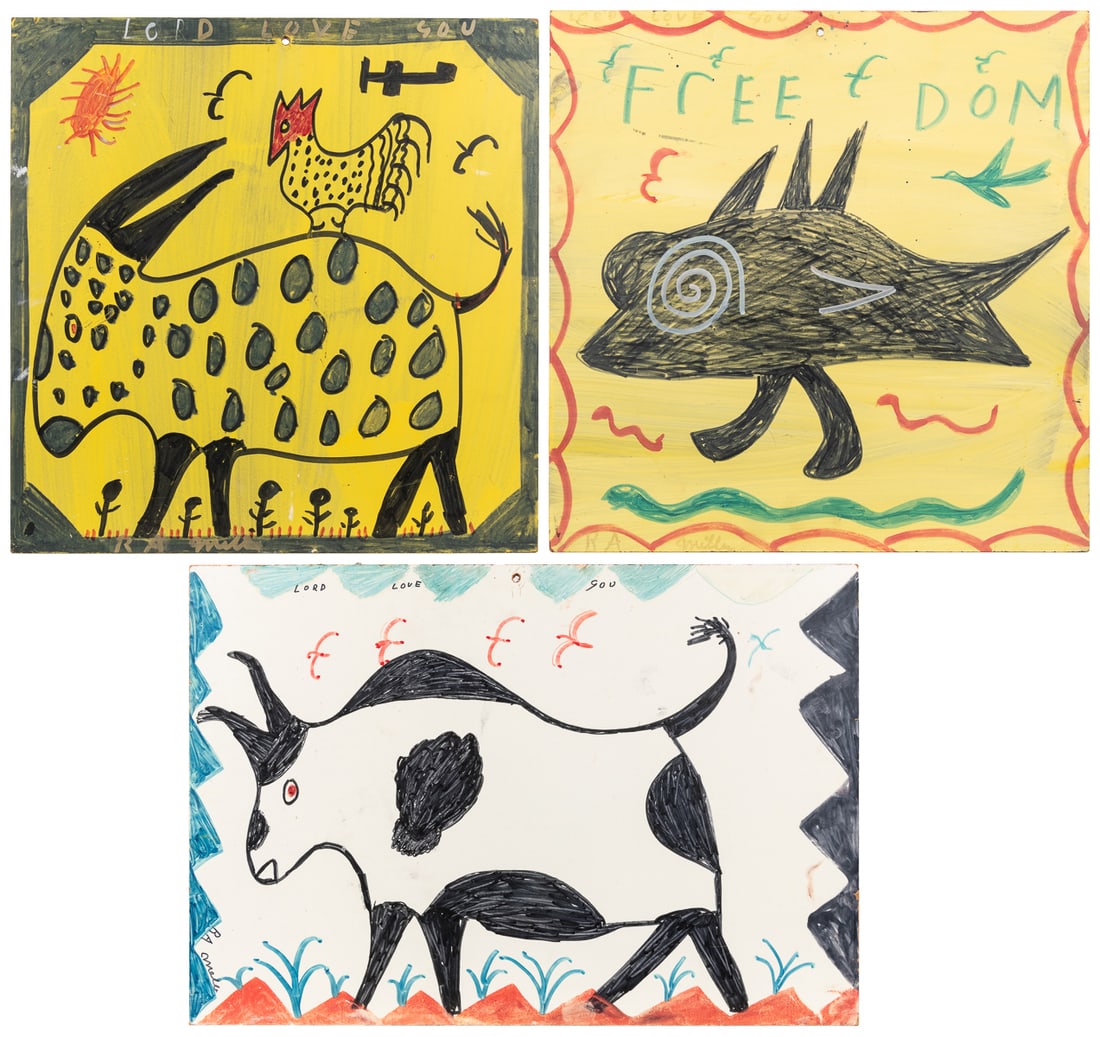 MILLER, R. A. (American, 1912-2006). A group of 3 paintings...: MILLER, R. A. (American, 1912-2006). A group of 3 paintings: Cow, Fish and Goat. Not dated. Marker and acrylic on Masonite. All signed by Miller lower left corner. Largest: 15 x 22”. Some surfac